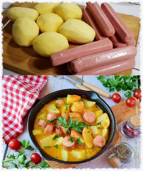 Ужин из простых продуктов – картошка, запечённая с сосисками